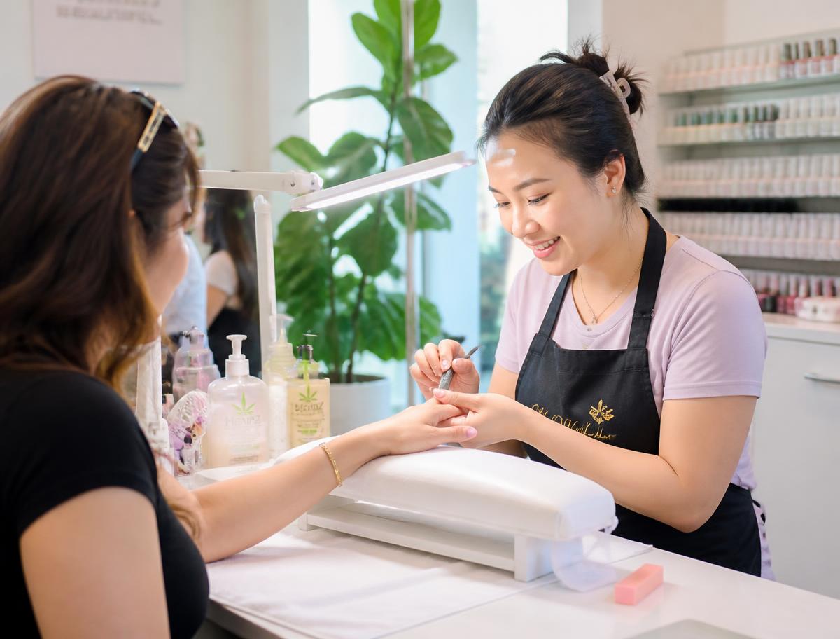 Thợ nail Việt đang làm nail cho khách tại tiệm ở Mỹ